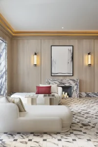 Baño de bienestar con chaise longues del Espacio Iris Ceramica Group en Casa Decor, diseño de Jaime Beriestain Studio.