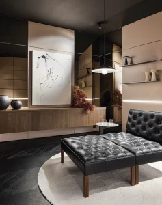 Rincón de descanso en cocina moderna del Espacio Veneta Cucine en Casa Decor, diseñado por Villanueva Interiorismo.