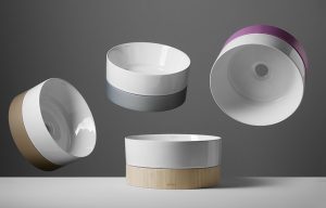 Lavabos de diseño Bathco personalizables con filo en siete colores, innovación para baños contemporáneos 2025.
