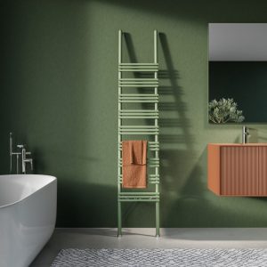 Radiador de baño Instamat en color verde Verdu, confort térmico y estilo en decoración sostenible.