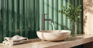 Grifería TRES colección Study en acabado grafito, diseño sostenible con tecnología PBT para baños 2025.