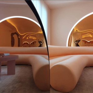 Espacio Technogym por Miriam Alía en Casa Decor 2022, uno de los espacios más instagrameables del evento, con diseño curvo, tonos melocotón y espejos dorados que reflejan la luz cálida.