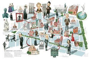 Mapa ilustrado del Barrio de las Letras de Madrid con referencias literarias y culturales, ilustración de Fernando Vicente.