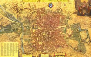Plano histórico de Madrid de Pedro Teixeira de 1656 mostrando el entorno del Prado Viejo y los orígenes del Paseo del Prado