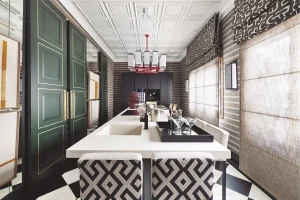 Cocina Birdcage de Edelmann Kitchen con grifo Clever Alpina Square negro mate y gran isla central