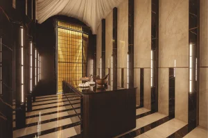 Cocina con isla en piedra sinterizada Venux Taj Mahal en Casa Decor, diseño funcional con continuidad material