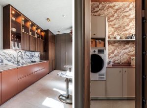 Cocina en Casa Decor con encimera porcelánica efecto mármol Fior di Viola y fregadero Marsala, contraste cromático sofisticado