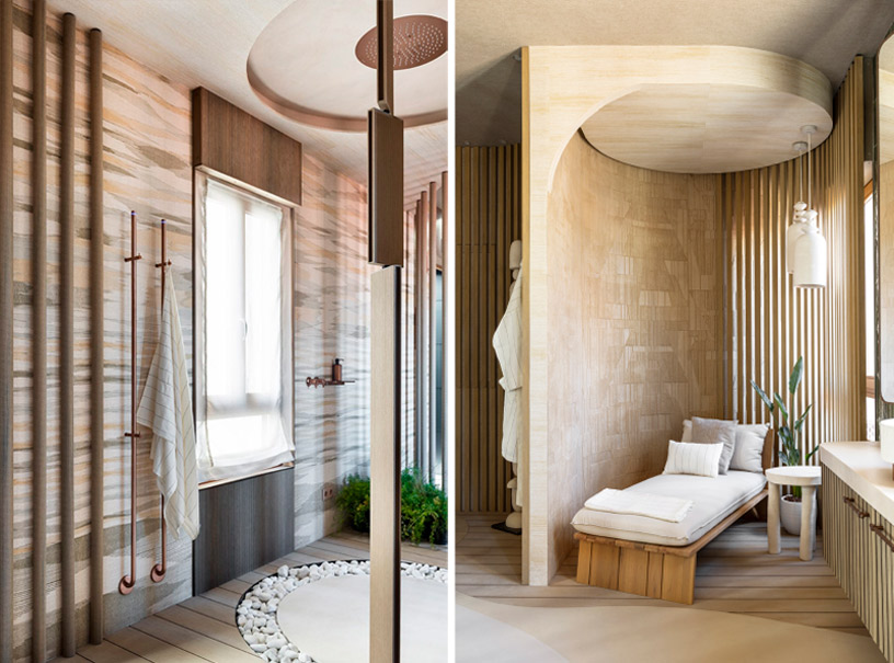 Baño wellness de Tarimatec diseñado por AIA en Casa Decor 2026 con papeles pintados Arte Memphis de Abydos y Zephyr de sisal en tonos beige que aportan calidez y textura natural