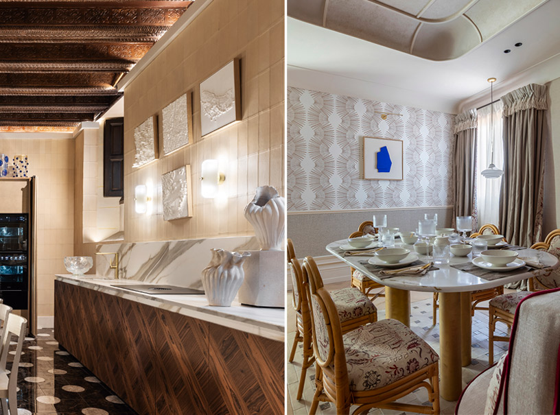 Cocinas de Casa Decor 2026 con papeles pintados Arte como Paladin efecto cuero, Indienne Mandu y Atuona en tonos beige con texturas tipo lino y yute aplicados en salpicaderos y paredes