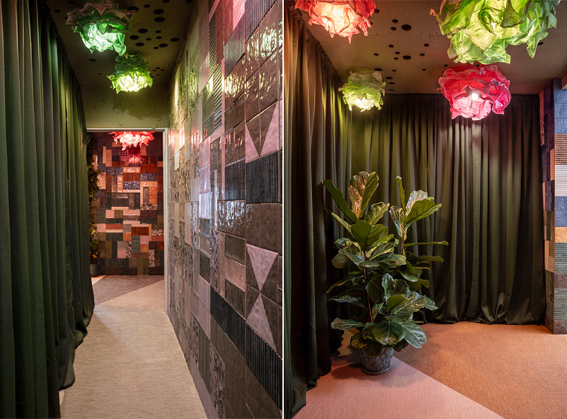 Espacio CEU San Pablo en Casa Decor 2026, pasillo transformado en jardín interior con azulejos decorativos, tonos verdes y lámparas creativas inspiradas en flores