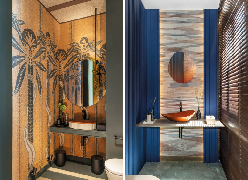 Baños diseñados por Nadia Chalk en Casa Decor 2026 con papeles pintados Arte Indienne Kerala e Indienne Kashmir con motivos tropicales y textura lino en paredes y zonas de lavabo