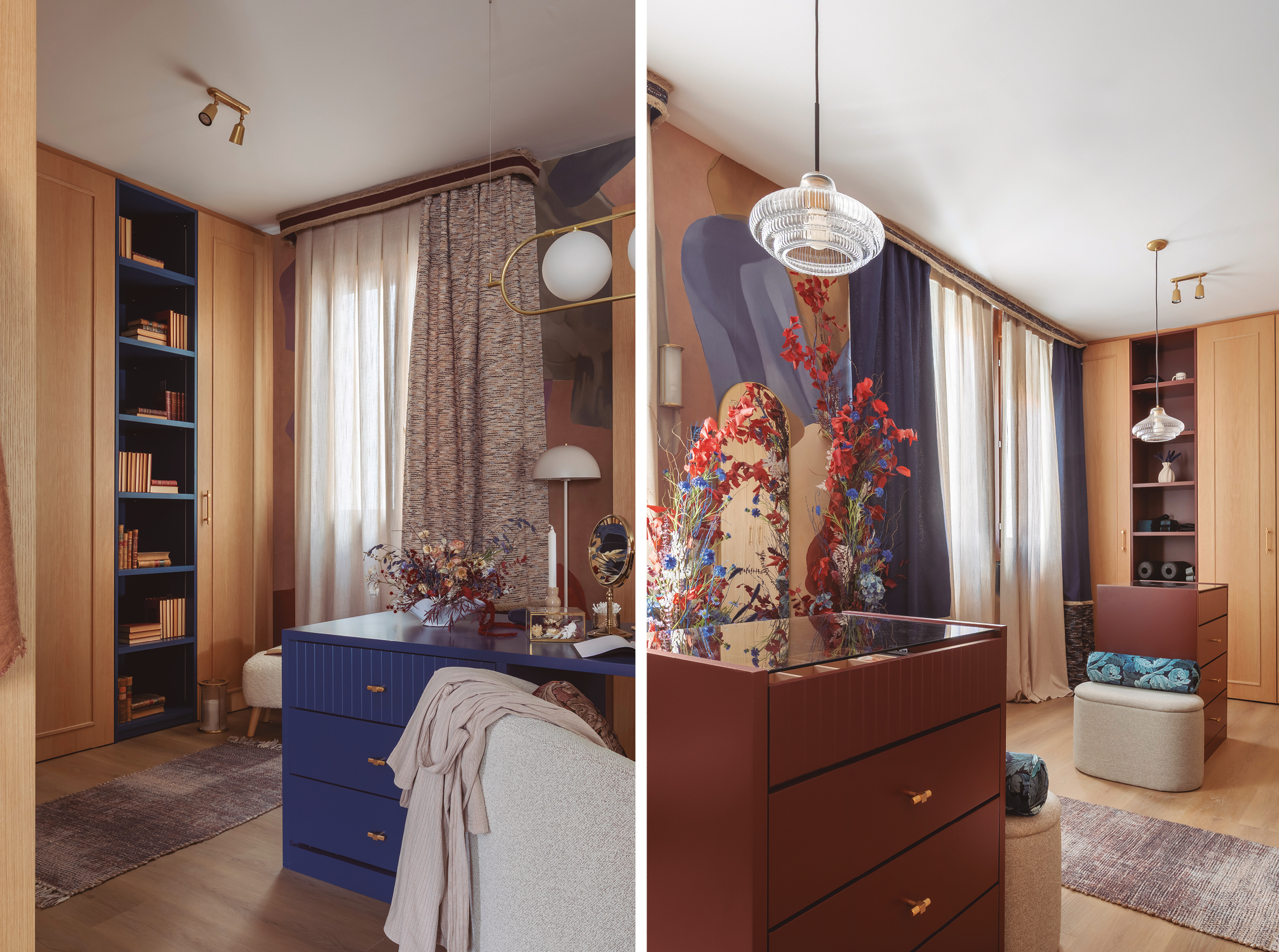 Vestidor Espacio Sanrafael con iluminación Corston, lámparas Brookfield y apliques en latón y vidrio acanalado en un diseño cálido y elegante