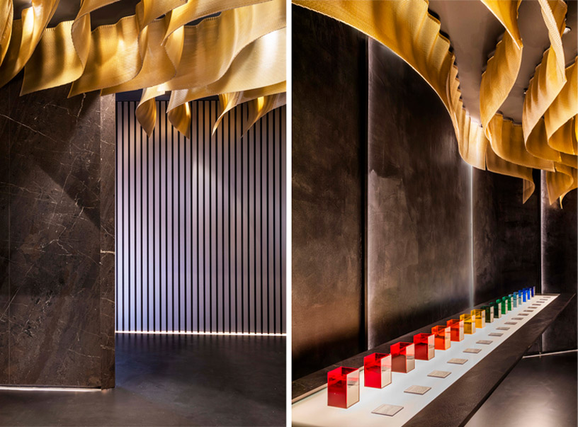 Espacio Mapei en Casa Decor 2026 por Cano y Escario, interiorismo expositivo con materiales de construcción presentados como piezas de diseño e iluminación puntual