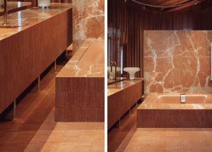 Baño con cerámica a medida de Cevica en tonos terracota combinada con mármol Rojo Levante, diseño de ILV Isabel López Vilalta para Kaldewei