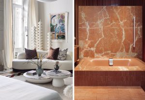 Salón contemporáneo en Casa Decor con suelo porcelánico efecto piedra y diseño geométrico de fuerte presencia arquitectónica