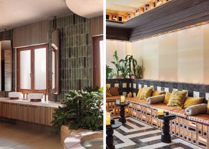 Baño con azulejos artesanales Bari y Samira de Harmony y banco con celosía Jali de barro extrusionado, proyectos de AIA para Tarimatec e Impar Design