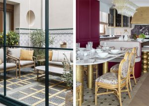 Interiores con pavimento cerámico de pequeño formato: patio con mosaico geométrico de Studio Mo para JYSK y comedor con azulejos Argile de Inmaculada Recio en tonos cálidos