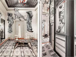 Espacio Vestibulum con papel pintado en paredes y techo inspirado en motivos clásicos