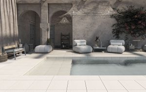 Piscina de estilo minimalista con revestimiento porcelánico Greco Gres antideslizante