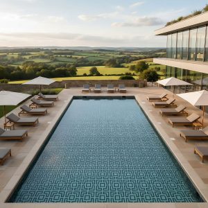Piscina exterior con mosaico Hisbalit de diseño geométrico y vistas al paisaje