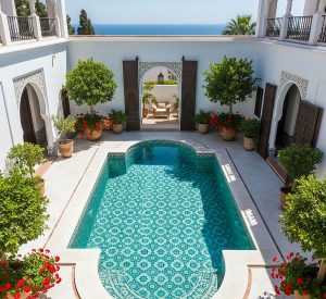 Piscina de inspiración mediterránea revestida con mosaico Hisbalit en tonos turquesa