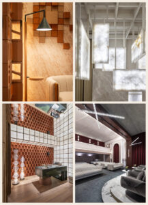 Collage de lámparas de diseño de Casa Decor: Estelum de Borja Esteras, Luz Volcánica de Ramón Esteve, Ciclo de Nagami y Loop de Arkoslight.