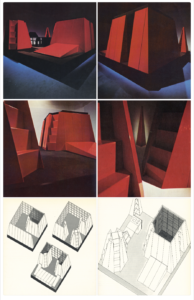 Composición de fotografías y planos del proyecto «House Environment», diseñado por Gae Aulenti para la exposición Italy: The New Domestic Landscape del MoMA de Nueva York en 1972, con módulos geométricos rojos de poliéster reforzado con fibra de vidrio, configurados como camas, asientos y elementos de almacenamiento.
