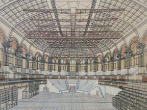 Representación arquitectónica del proyecto de Gae Aulenti para el Palacio Nacional de Montjuïc de Barcelona, con una gran sala de exposiciones, cubierta abovedada de hierro y vidrio, galerías de arcos y escaleras que conectan distintos niveles.