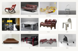 Composición de doce diseños de mobiliario creados por Gae Aulenti, con mecedoras, sofás, sillas, mesas y sillones de diferentes épocas, fabricados en madera, cuero, metal y mármol.